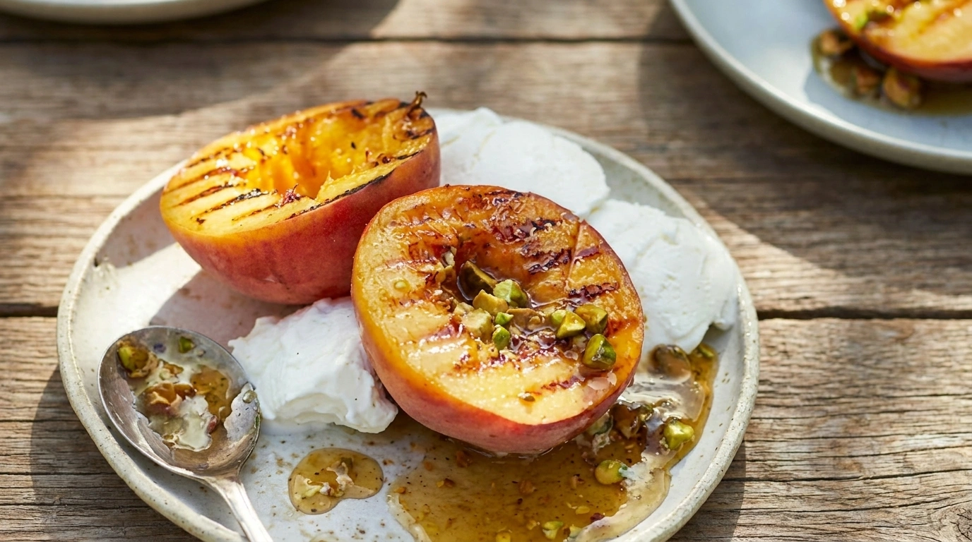 Grillad persika med pistagehonung och vaniljglass | Somrig dessert